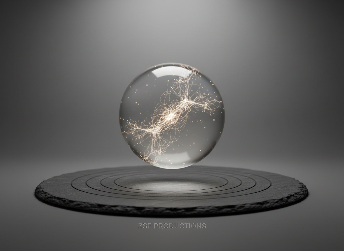 An abstract, conceptual composition representing ZSF Productions’ philosophy and consciousness insights: a gently floating, translucent glass sphere with fine, branching lines inside resembling neural pathways, hovering above a circular slate platform. Around it, thin concentric rings are etched into the surface, suggesting waves of thought or awareness. The background is a soft gradient from deep charcoal at the edges to warm dove gray at the center, subtly illuminated by a diffused, overhead glow that catches the sphere’s edges with a delicate highlight. Shot straight on with centered composition and shallow depth of field, the image feels meditative, intellectual, and futuristic, using a muted palette and minimalist photographic realism to embody neurogenesis, expansion, and calm focus.