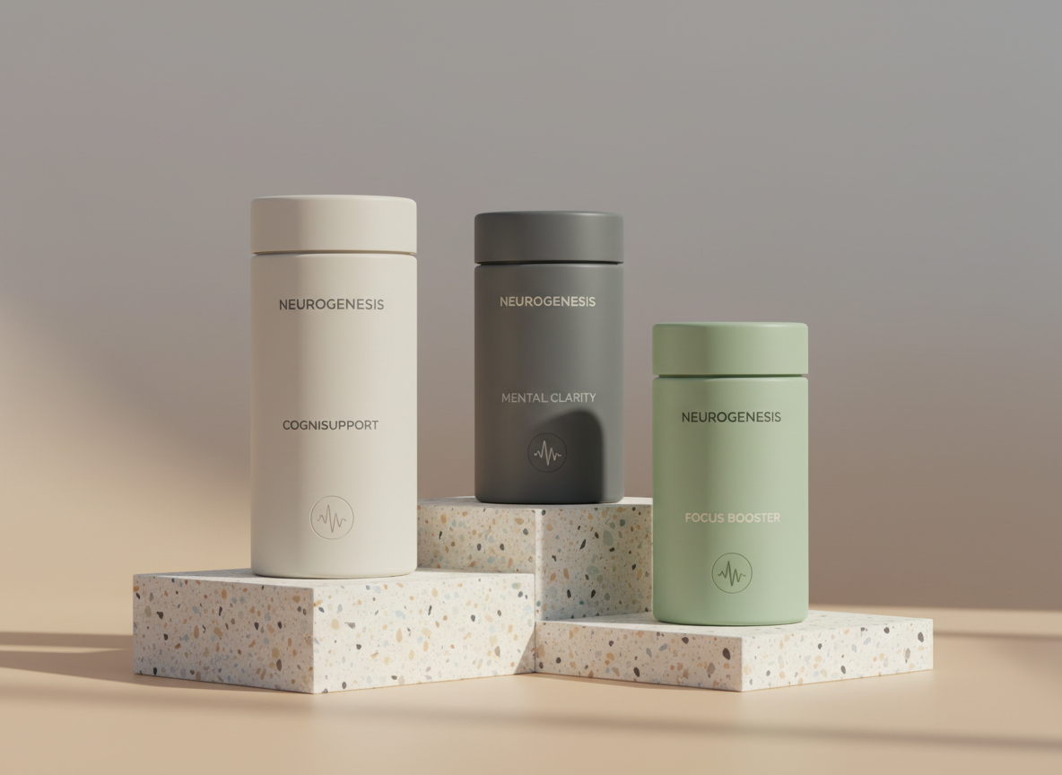 A refined close-up of a Neurogenesis supplement line display: three different-sized cylindrical bottles in matte off-white, slate gray, and soft eucalyptus green, each with minimalist typography and a subtle embossed logo. They stand on staggered terrazzo pedestals with delicate specks of neutral tones, set against a smooth gradient backdrop shifting from warm beige at the base to cooler gray above. A gentle beam of diffused side light from the right creates soft, elongated shadows and a thin rim of highlight along each bottle’s edge. Shot from a slightly low angle, the composition feels architectural and balanced, with sharp focus and a calm, intellectual mood that suggests clarity, focus, and consciousness expansion.