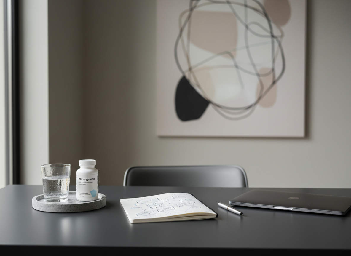 A sophisticated workspace scene symbolizing founders, startups, and strategy: a clean, matte charcoal desk with an open, unbranded notebook displaying hand-drawn geometric diagrams and mind maps, alongside a slim, metallic pen and a closed laptop with no visible logo. To the side, a small stone tray holds a Neurogenesis supplement bottle and a glass of water with subtle condensation. The background shows a softly blurred wall with a large, abstract print in muted neutrals. Soft, directional window light from the left creates controlled highlights and refined shadows. Captured from a slightly elevated angle with a balanced composition, the mood is contemplative and focused, blending business sophistication with wellness in a minimalist, photographic style.