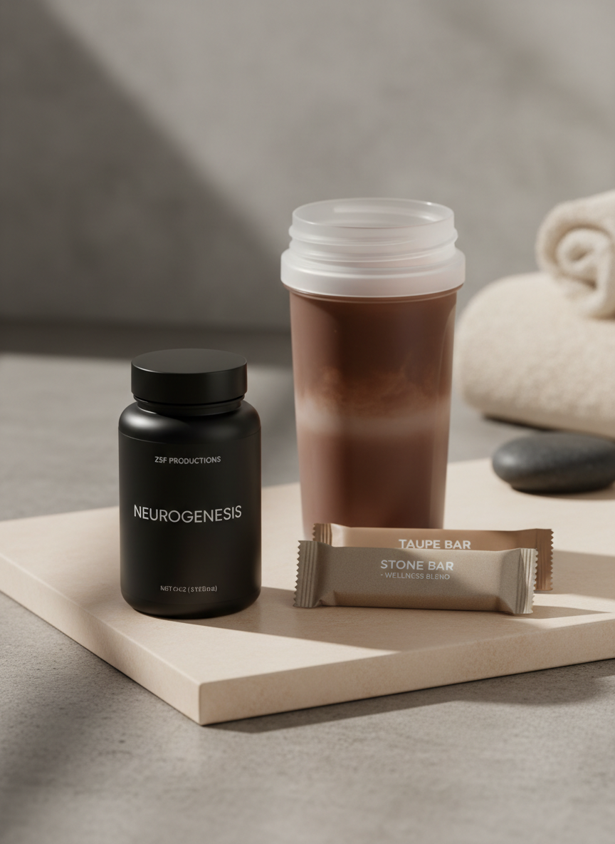 A meticulously arranged still life of ZSF Productions’ wellness offerings, featuring a sleek matte-black Neurogenesis supplement bottle, two minimalist protein bar wrappers in muted taupe and soft stone, and a frosted glass shaker with a subtle gradient chocolate shake inside. They rest on a pale sandstone slab atop a warm gray concrete surface, with a folded, plush spa towel and a smooth basalt massage stone in the background. Soft, diffused daylight from the left creates gentle highlights and long, refined shadows. Shot at eye level with a shallow depth of field, the foreground objects are in crisp focus while the background softly blurs, conveying a sophisticated, calm, photographic realism that feels luxurious yet understated.