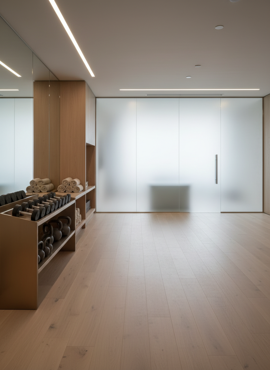 An elegant, empty luxury HIIT and spa studio space, showing a row of perfectly aligned, matte charcoal dumbbells and kettlebells on a low, brushed metal rack beside neatly rolled, ivory spa towels. The floor is smooth, light oak with a subtle sheen, extending toward a frosted glass wall that hints at a tranquil spa suite beyond. Muted overhead lighting combines with soft, indirect daylight, creating a serene play of highlights and shadows. Captured from a slightly elevated angle using the rule of thirds, the composition emphasizes negative space and clean lines, embodying a minimalist, sophisticated atmosphere in photographic realism with a muted color palette.