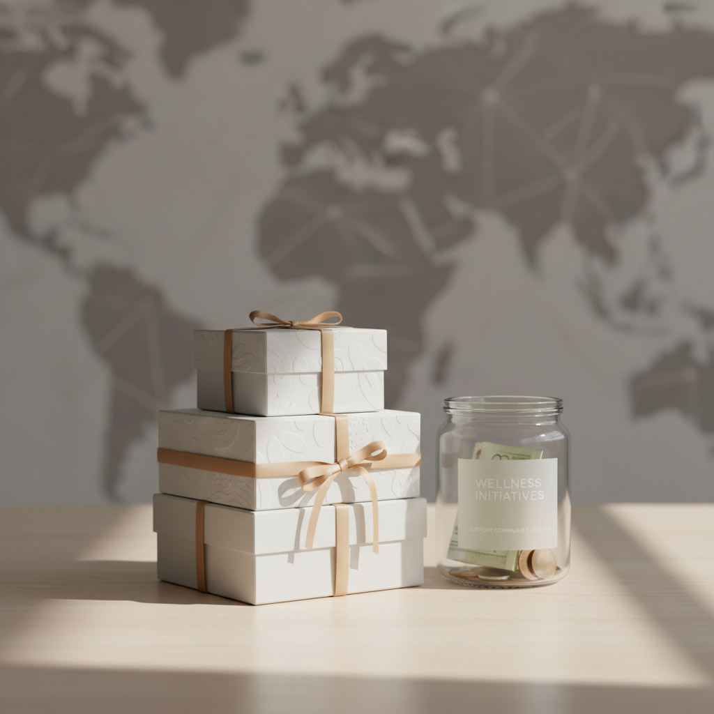 A refined composition representing philanthropy and impact: a carefully arranged set of three stacked, matte-white boxes with subtle embossed patterns, each tied with a narrow, sand-colored ribbon, resting on a pale wooden surface. Beside them, a clear, cylindrical donation jar contains a few visible folded notes and minimalist printed text about wellness initiatives, intentionally left just out of focus. The background is a softly blurred wall with a faint, abstract pattern suggesting interconnected lines. Gentle, diffused daylight from the right casts delicate shadows and creates a calm, hopeful atmosphere. Captured at eye level with negative space around the arrangement, the image uses a muted palette and minimalist photographic realism to evoke quiet generosity and purpose-driven luxury.