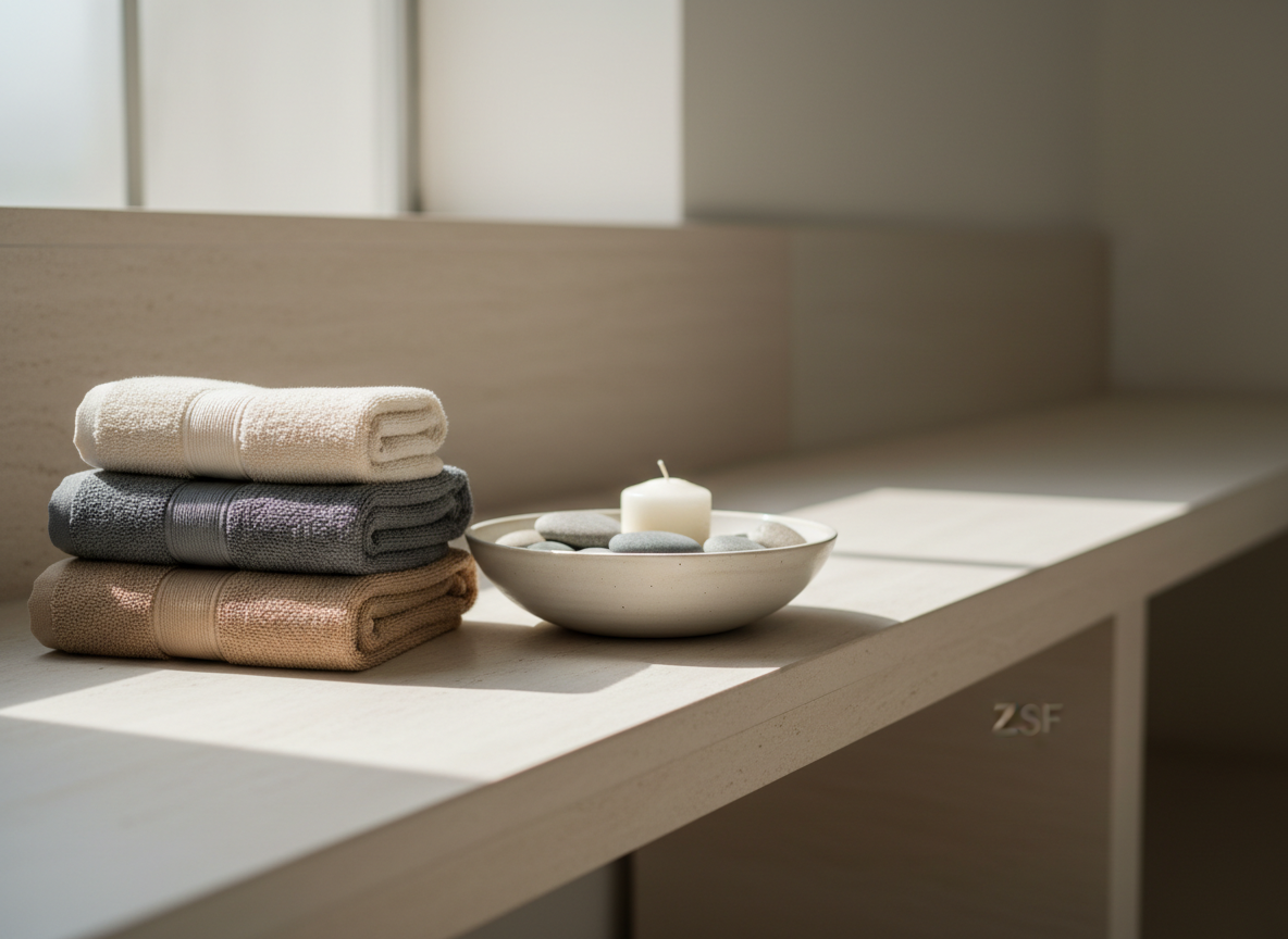A serene spa vignette inside the ZSF studio, focusing on a neatly stacked trio of plush towels in warm ivory, cool gray, and muted sand, placed beside a shallow, matte ceramic bowl filled with smooth river stones and a single white candle. The elements rest on a pale, honed stone bench that extends into soft blur. Gentle, diffused natural light enters from an unseen window, creating a subtle gradient of brightness across the scene and casting soft, elongated shadows. Photographed at eye level with a rule-of-thirds composition, the overall mood is tranquil and restorative, with a minimalist, high-end aesthetic and a subdued color palette that communicates quiet luxury and wellness.