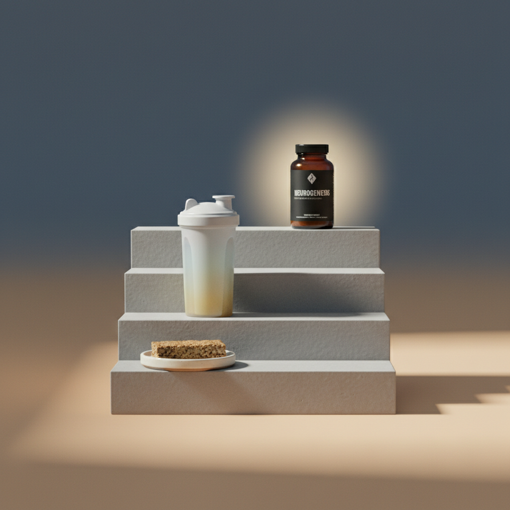 A conceptual visualization of consciousness and performance optimization: a series of three ascending, matte stone steps in soft gray, each holding a different wellness element. The lowest step features a protein bar on a small ceramic dish, the middle step holds a frosted shaker bottle with a gradient shake, and the highest step presents a Neurogenesis supplement bottle with a faint, luminous halo effect subtly added behind it. The background transitions from warm beige at the base to cool slate at the top, suggesting elevation and clarity. Side lighting from the left creates long, refined shadows and sculptural highlights. Shot straight on with symmetrical framing and sharp focus, the mood is aspirational, intelligent, and calm, using minimalist, photographic realism and a muted palette to tie the entire wellness ecosystem together.